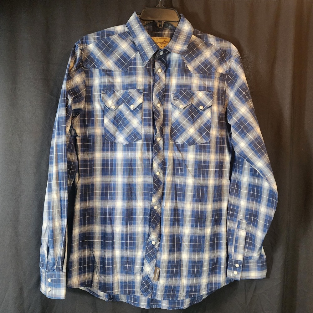 Wrangler Retro Plaid‎ Snap Front Western Shirt Men's XXL XXG TTG Blue White